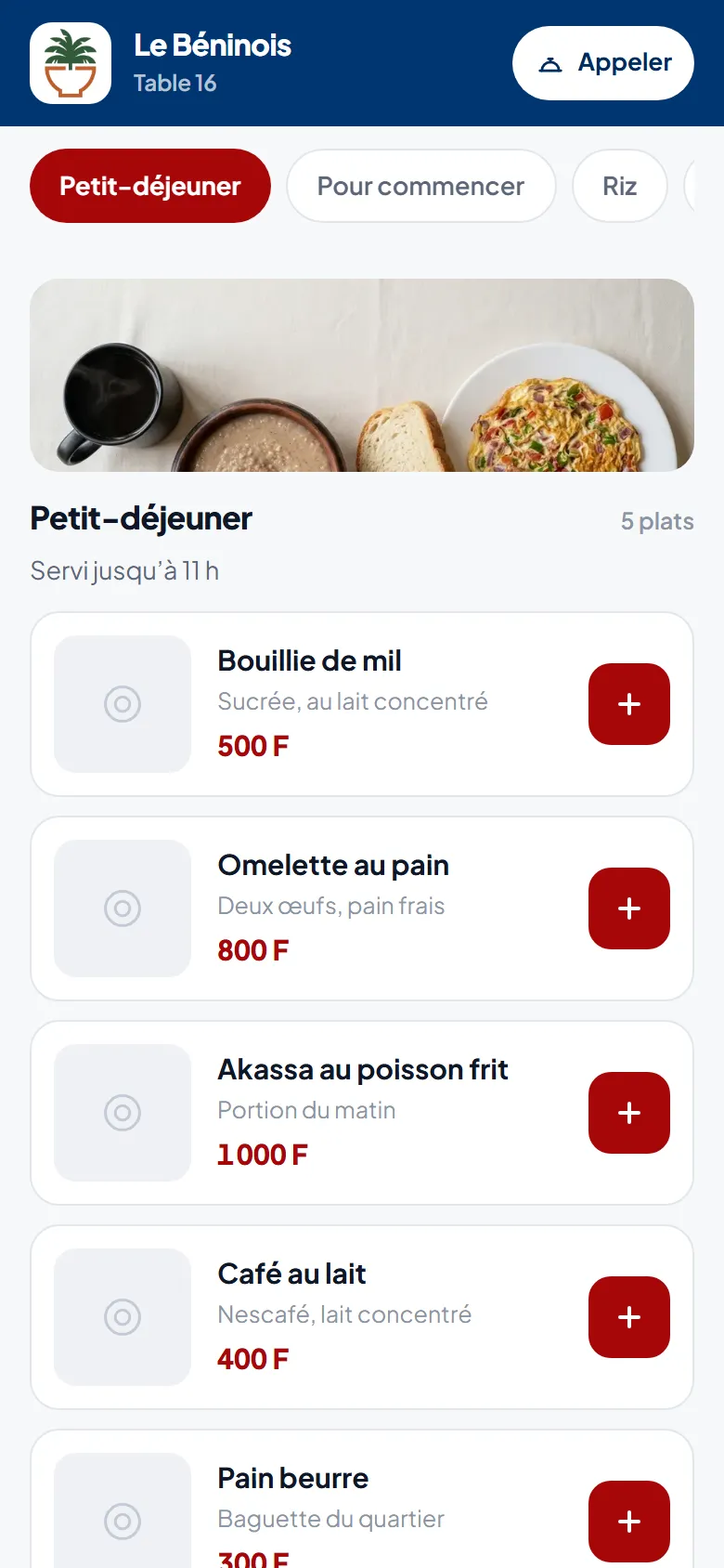 Carte QuickEat sur téléphone, catégorie petit-déjeuner