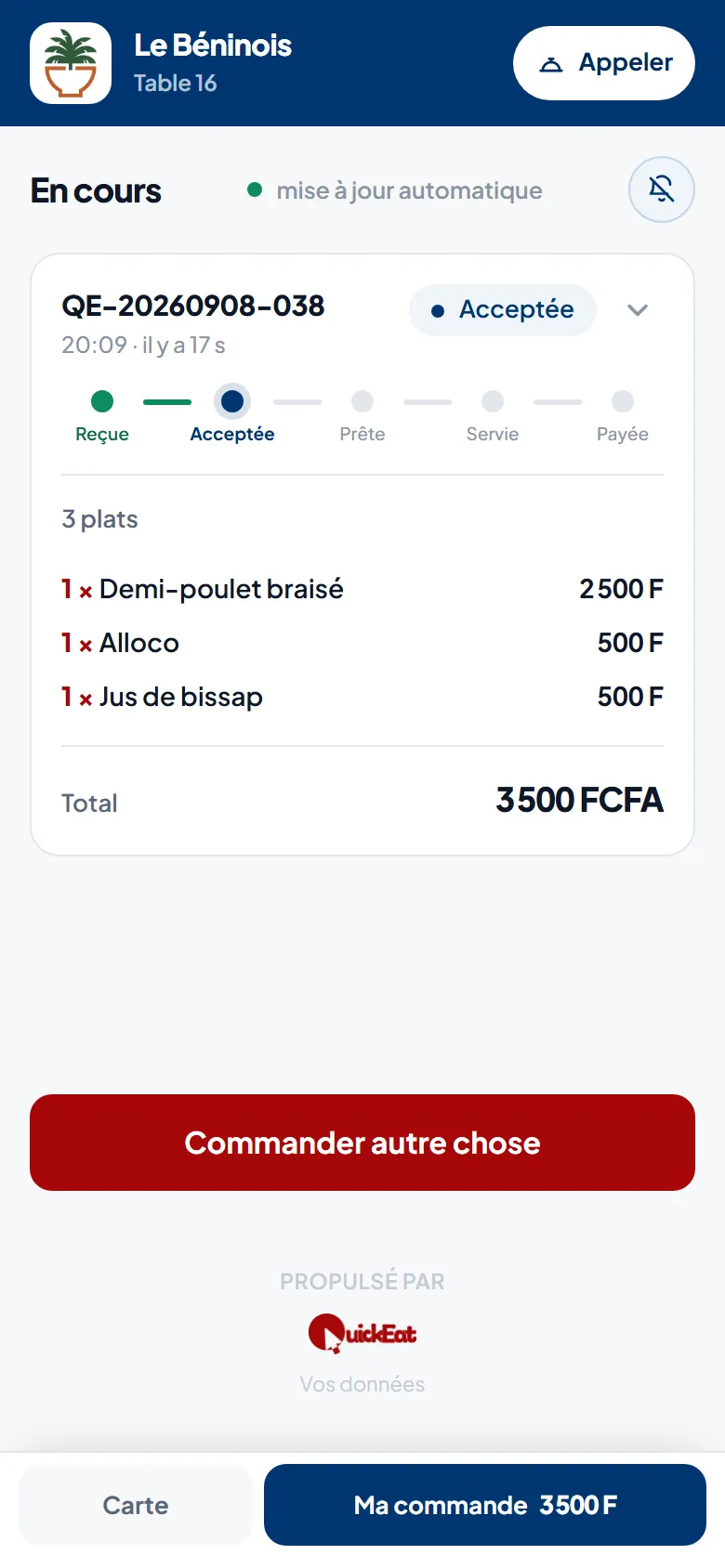 Suivi de commande : reçue, acceptée, prête, servie, payée