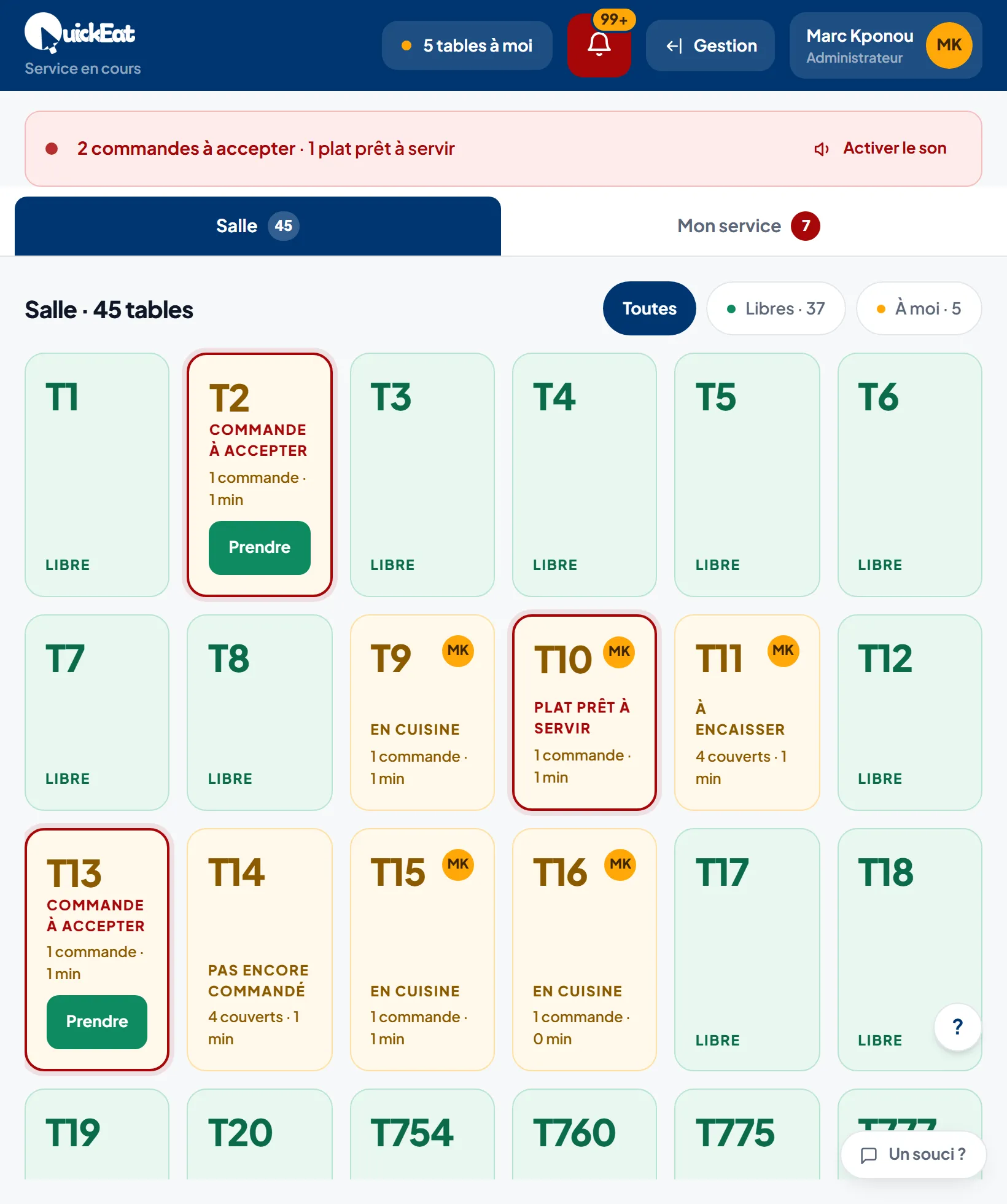 Écran de salle sur tablette : grille des tables et leur état